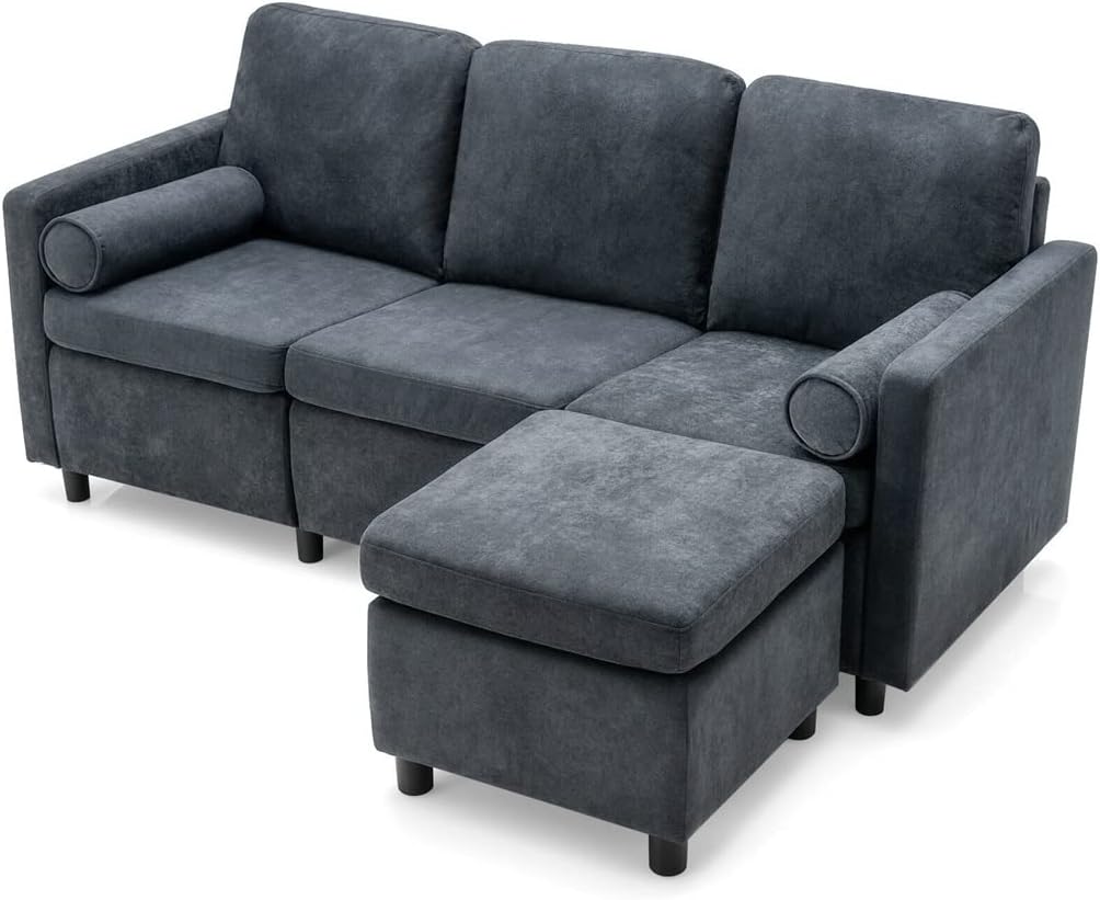 Convertible Sectional Sofa 3 Seat L-Shape Couch Movable Ottoman Toweling Fabric