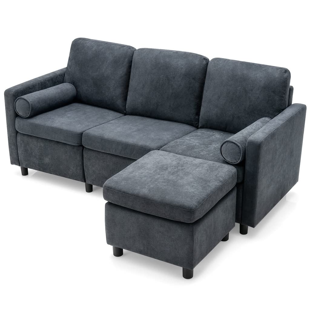 Convertible Sectional Sofa 3 Seat L-Shape Couch Movable Ottoman Toweling Fabric