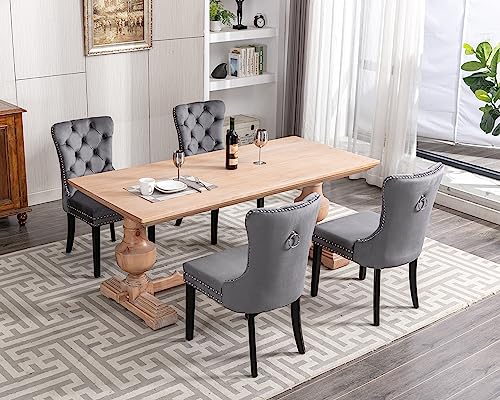Kcc Velvet Dining Chairs Set Of 4 (Renewed), Upholstered High-End Tufted Dining Room Chair With Nailhead Back Ring Pull Trim Solid Wood Legs, Nikki Collection Modern Style For Kitchen, Grey #TOP7