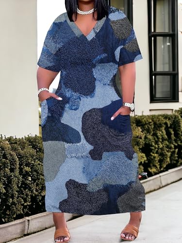 Image of SUZONANA Plus Size Denim Print Maxi Dresses for Women Casual V Neck Short Sleeve with Pockets Soft Jean Look Dress XL-6XL