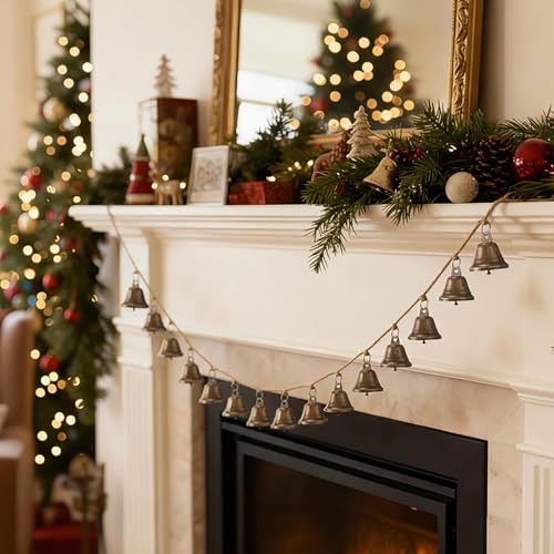 Solsew 2 Pcs Bells Garland with 15 Bronze Bells 6.5ft Hemp Rope Garland Rustic Vintage Jingle Ornaments for Tree Fireplace Wedding Mantle Indoor Decor