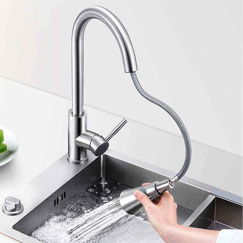 Puri Pro Pull Out Kitchen Faucets with 2 Spray Modes High Arc Bathroom Basin Sink Faucets Pull Down Sprayer Ceramic Valve Brushed Nickel Finished 360 Degree Swivel Water Tap