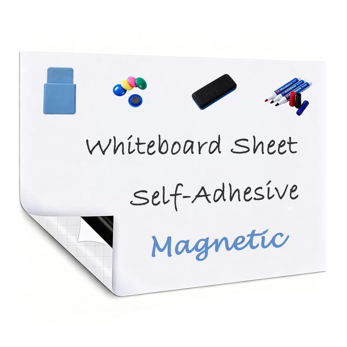 Magnetic Whiteboard Paper for Wall, Self-Adhesive Dry Erase Whiteboard Sticker Sheet with 1 Erase/3 Pens/6 Magnets, White Writing Film for Office Home School (White,100x90cm)