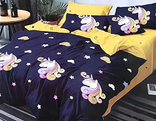 Image of Cotton Feel Glace Cotton Elastic Fitted Printed King Size Double Bed Bedsheet with 2 Pillow Cover(72 inchx78 inch,Blue Unicorn Print)