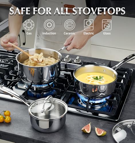 Image of KOCH SYSTEME CS 4 Quart Stainless Steel Saucepan with Lid, Tri-Ply Stainless Steel Pot 4QT, Large Cooking Pot, Sauce Pan with Stay Cool Handle, Induction Compatible Pot, Oven Safe 600F