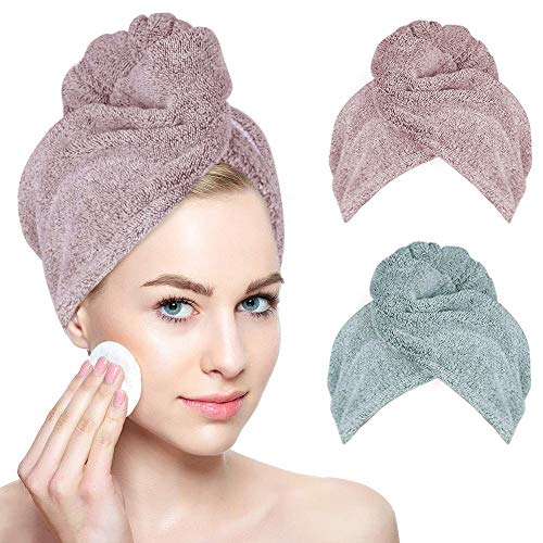 Organic Bamboo Hair Towel wrap Turban, YesTree Microfiber Quick Dry Hair Turban Wrap with Button, Quick Magic Dryer, Dry Hair Hat, Wrapped Bath Cap?2Pack, Pink+Gray?