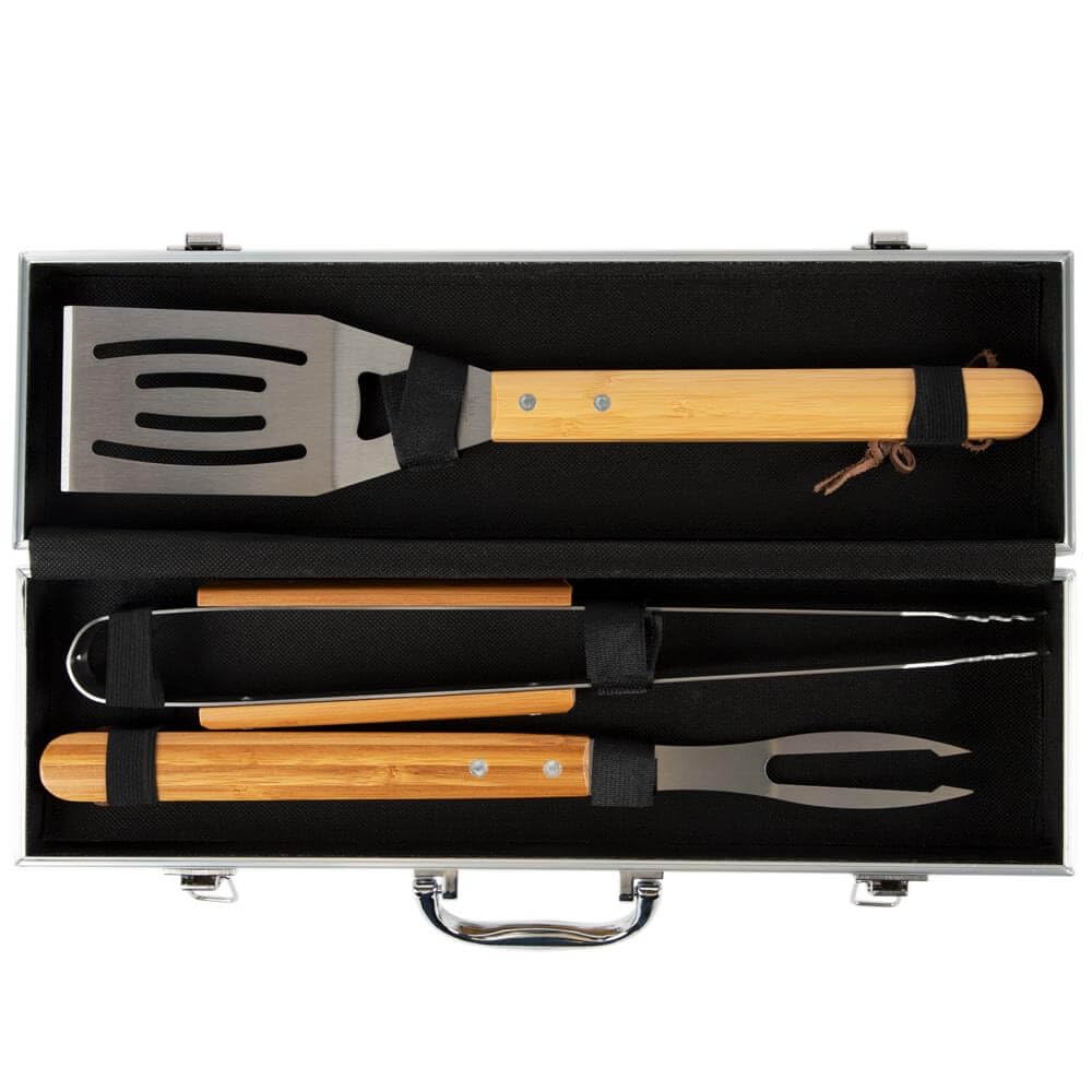 Ocadeau Juego de cubiertos para barbacoa personalizado con grabado – Set de 3 utensilios grandes en caja de madera – Regalo original para hombre o amante de la barbacoa