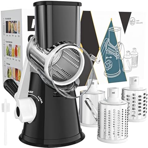 Cambom Rotary Cheese Grater Hand Crank Cheese Shredder for Fresh Cheese, Vegetable, Nuts,Non-slip Suction Base, Free Cleaning Brush Three Blades, Black Cover
