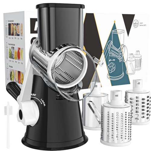 Comparison: Best Cheese Grater Rotary 5 Cambom Rotary Cheese Grater Hand Crank Cheese Shredder for Fresh Cheese, Vegetable, Nuts,Non-slip Suction Base, Free Cleaning Brush Three Blades, Black