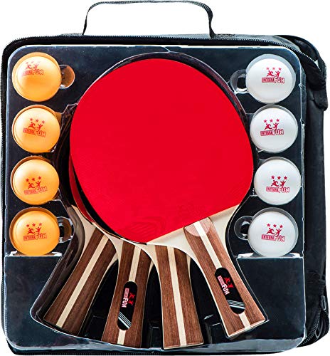 Ping Pong Paddle Set - 4 Wood Ping Pong Paddles - Ergonomic Grip - 8 Tournament Table Tennis Balls - Paddle Case - Professional/Casual Play - Portable Table Tennis Set .- Family Table Games