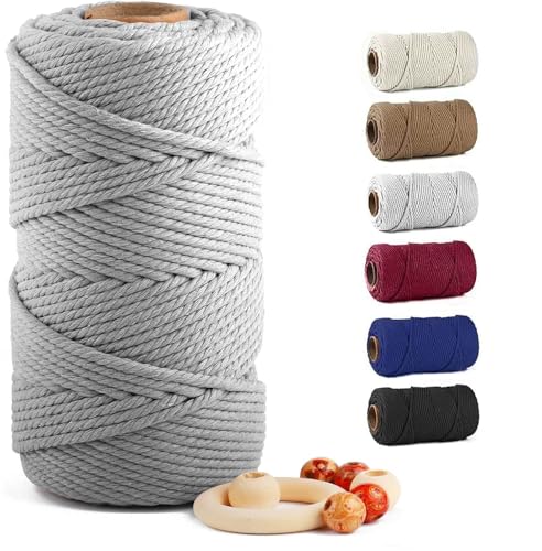 Image of ZUEXT Macrame Cord, Light Grey, 6mm x 109yds Cotton String Macrame Yarn | 100% Natural Handmade, 4 Strands Twisted Cotton Rope, For Wall Hanging Plant Hangers Gift Wrapping Tapestry DIY Crafts, 100m