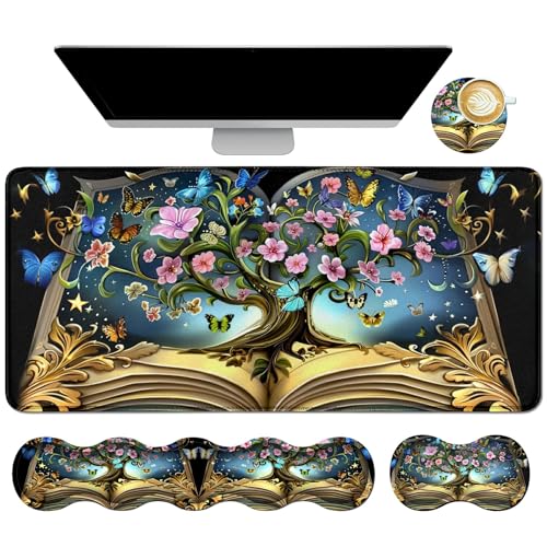 Dikoer 4Pcs Memory Foam Keyboard Mouse Wrist Rest Pad + Gaming Desk Mat 31.5