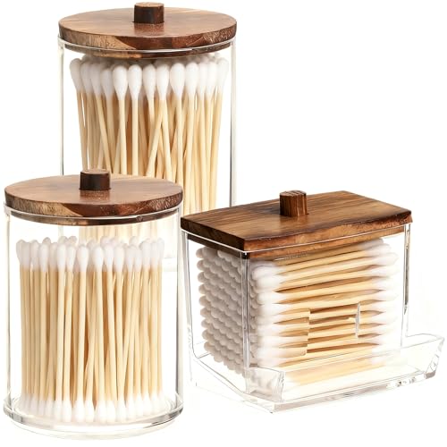 Qtip Dispensador de boticário para banheiro – Recipiente de armazenamento Qtip de plástico transparente para cotonete, Q-Tips, redondo de algodão (C#Brown 3 peças)
