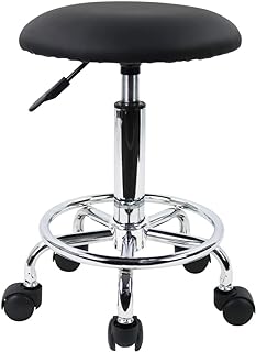 KKTONER Rollhocker Arbeitshocker mit Fußstütze PU Leder Rund Gepolstert 360° drehbar Bürohocker höhenverstellbar 49-64cm Schwarz