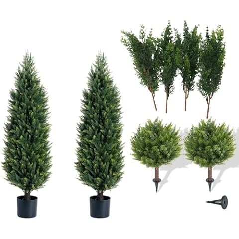 2 Pack 3.4-Foot Outdoor UV Protected Artificial Shrub Potted Plants with 2 15.8-Inch Artificial Cedar Shrub Ball Trees & Ground Spikes for Indoor & Outdoor Decoration, 4 Pieces Artificial Cedar Tree B Cover