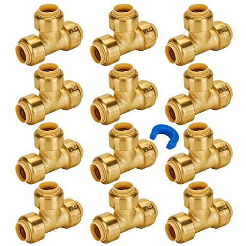 Image of SUNGATOR 1 /2 Inch Tee, Push Pex Tee Fittings 1 /2 Inch, Brass, 12-Pack | Push-to-Connect T Plumbing Fittings, for Pex Pipe, Copper, CPVC, PE-RT, with 1 Disconnect Clip