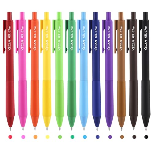 YISAN Retractable Ballpoint Pens Fast Dry Gel Ink Pen with Soft Silicon Grip 12 Colors Journal Pens 0.7mm for Writing Note Taking 71082