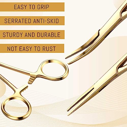 Image of BBTO Hemostat Curved and Straight Hemostat Forceps Piercing Pliers Forceps, Stainless Steel Straight and Curved Pliers, Fishing Tweezer(Gold,2 Pcs)