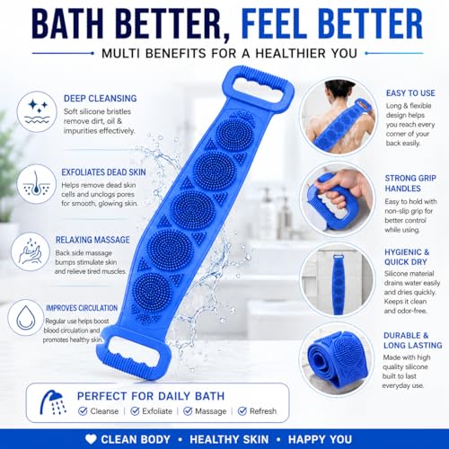 Image of HINOX Silicone Body Back Scrubber Belt for Bath | Soft Exfoliating Silicone Bath Belt for Back Cleaning & Shower Use | Waterproof Reusable Body Scrubber Strap | Flexible Bath Scrubber | Multicolor (1 Piece)