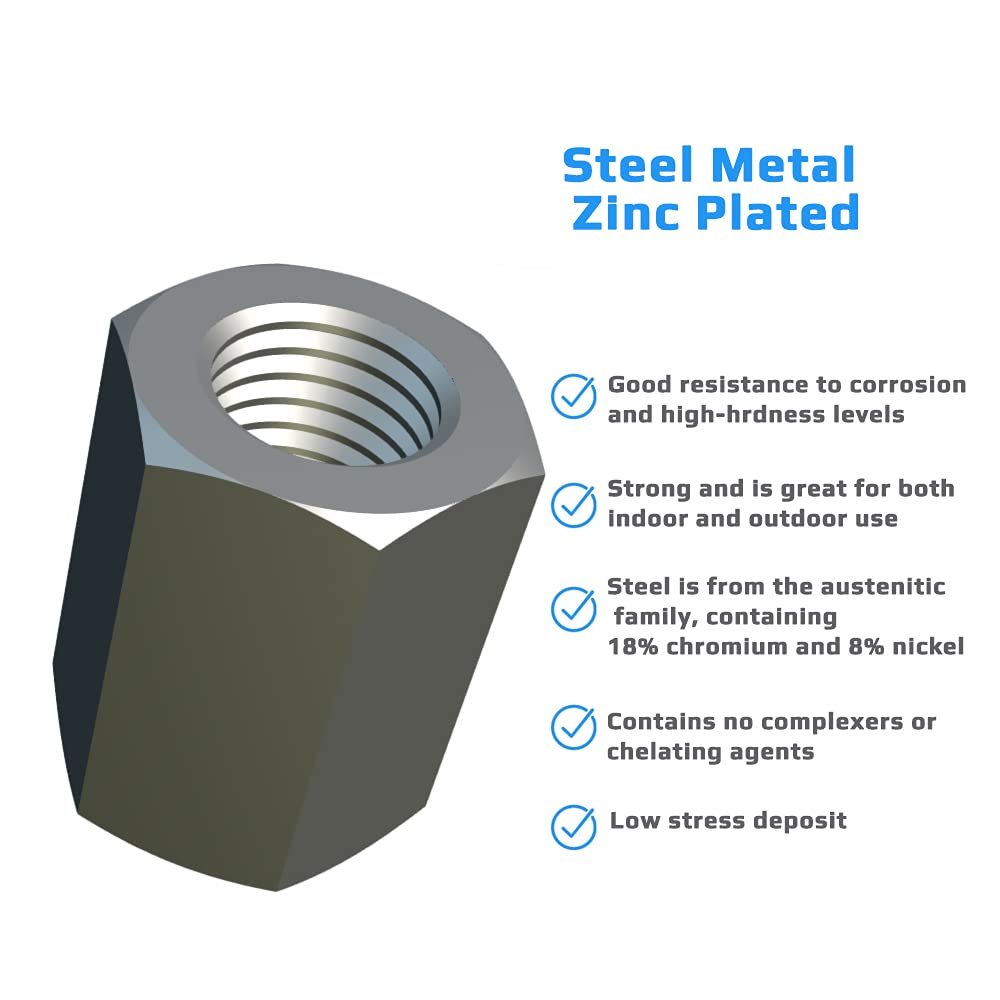 M6 Dado Esagonale Lungo (18mm 10mm) di Acciaio Legato Zincato per Connessioni a Vite (Quantità dei 25) Lunghezza 18mm