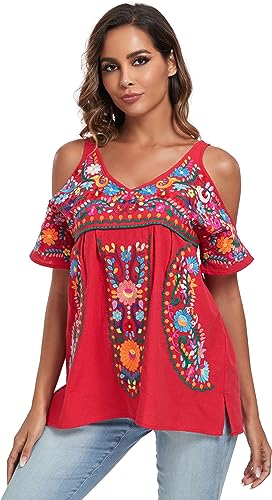 YZXDORWJ Women's Mexican Tops Cold Shoulder V Neck Sexy Blouse Short Sleeve Shirts Embroidered Floral Tunic2