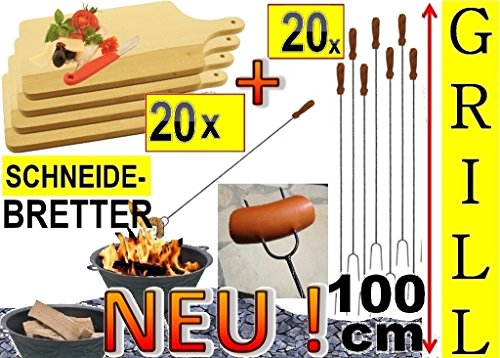 20 x Fleischteller Naturholz + 20 x Grillspiesse, 100cm lang, Spiesse Gabel-Spieß + massive Schneidebretter Picknick Geschirr, Servierplatte 35 x