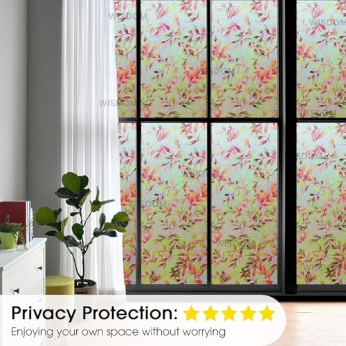 Image of WISDOM Premium Frosted Glass Window Film Self Adhesive Decorative Glass Window Privacy Sheet Film UV Control Removable Vinyl Privacy Film (Rown Leaves, 12x36 Inch)