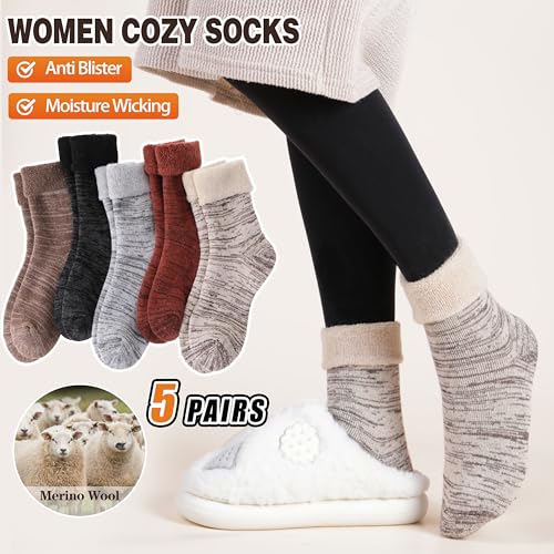 Image of EBMORE 5 Pairs Women Merino Wool Boot Socks Warm Thermal Winter Thick Hiking Cozy Cabin Crew Comfy Socks for Ladies