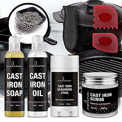 Image of Culina Cast Iron Seasoning Stick Soap Oil Conditioner Restoring Scrub Stainless Scrubber handle and Scraper | All Natural Ingredients | Cast Iron Cookware colors may vary