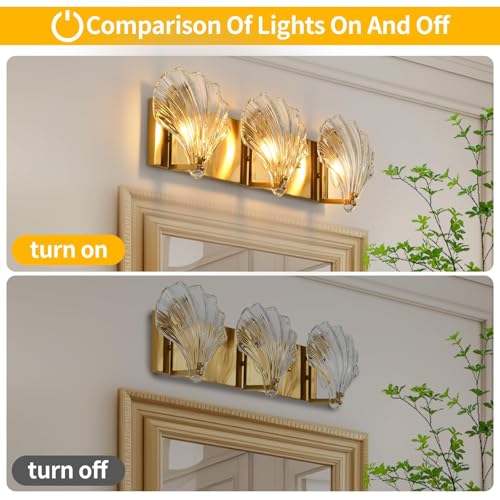 Image of Bathroom Light Fixtures, 3-Lights Vanity Lights Over Mirror, Modern Bathroom Wall Light with Clear Shell Shaped Glass Shades, Gold Wall Sconces for Bedroom Living Room Kitchen Hallway