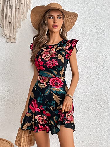Image of Shasmi Girl's & Women's Floral Print Cap Sleeve Ruffle Trim Short Dress Summer Boho One Piece Mini Dress for Women Stylish Dresses (Midi 170)