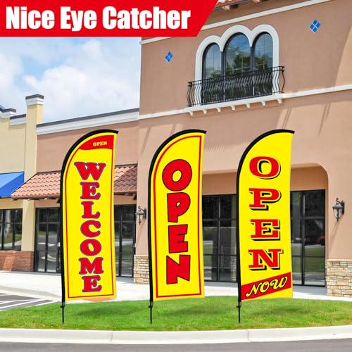 Image of Buryeah 3 Sets Now Open Feather Flag Banner for Business Advertising 7 Feet Tall Grand Opening Feather Flag Sign with Fiberglass Pole Kit Rotating Ground Spike and Portable Bag (Yellow)