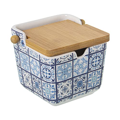 DRW Azucarero de cerámica con Tapa de Madera Mosaico Azul 9x9x9cm