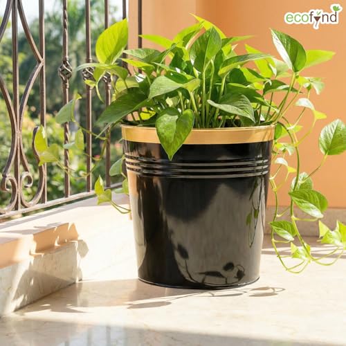 Image of ecofynd Modern Black Metal Planters 10 Inches Pack of 1, Indoor Outdoor Balcony Flower Pots, Living Room Decor Gamla, Midland Garden Pot, Home Decoration Planters, Office Decor Set (REC19004-BLK)