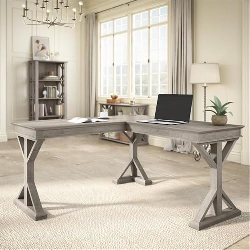 Pemberly-Row-60W-Farmhouse-L-Shaped-Desk-in-Driftwood-Gray-Engineered-Wood Pemberly Row 60W Farmhouse L Shaped Desk in Driftwood Gray Engineered Wood