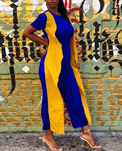 Doufine Macaquinho feminino clássico cintura alto contraste slim cor elegante, Azul, S