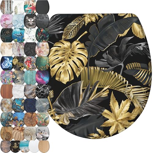 Image of Sanilo Wooden Toilet Seat with Quick Release & Soft Close [ROUND] - Decorative & Slow Close Molded Wood Seat - With One Click for Easy Installation & Cleaning - With Adjustable Fit (Golden Leaves)
