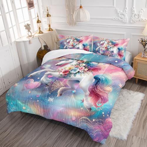 Ntlfup Unicorn Twin Size Bedding Set for Girls, Dreamy Unicorn with Flowers Comforter Set, Unicorn Room Decor with 2 Pillowcases, Style 10