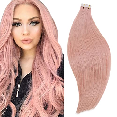 RUNATURE Pink Human Hair Tape in Extensions Real Hair 20 Inch 25g Pink Tape in Extensions Human Hair Pink Hair Extensions Tape in Remy Hair Straight 10pcs Per Set