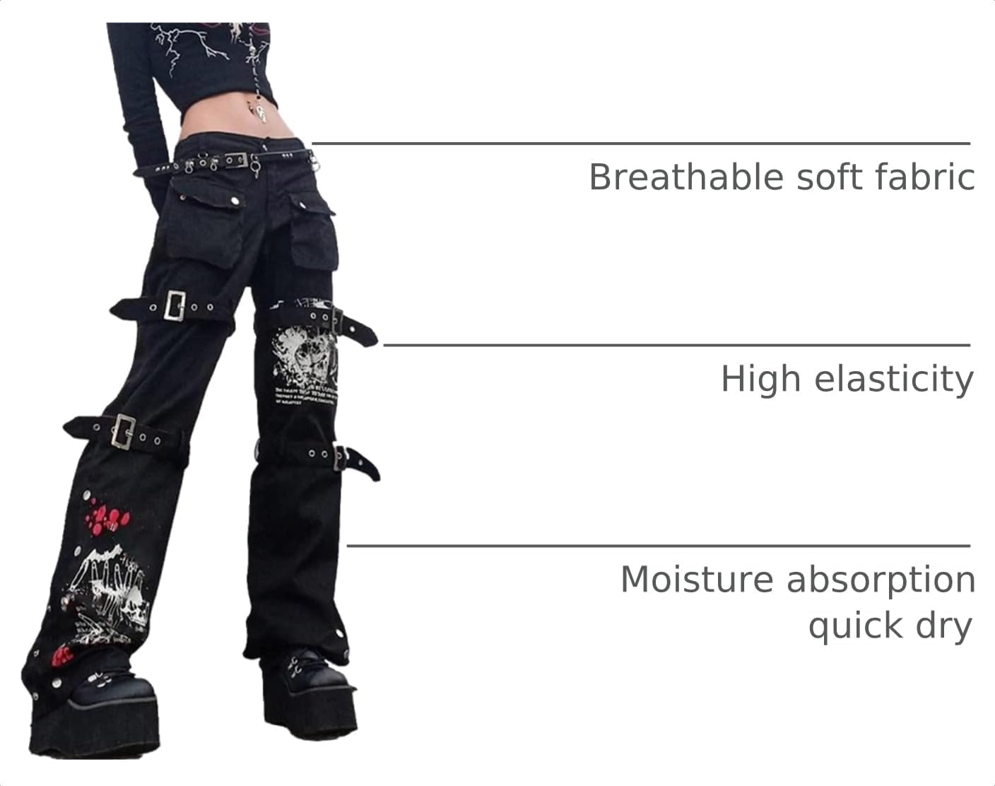 Harajuku Gothic Fashion Patchwork Black Jeans Punk Grunge Aesthetic Women Autumn Electro Pants Emo Printed Streetwear image 4