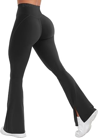 VOYJOY Womens Split Hem Legging Workout High Waist Mini Flared Leggings Casual Workout Gym Yoga Pants