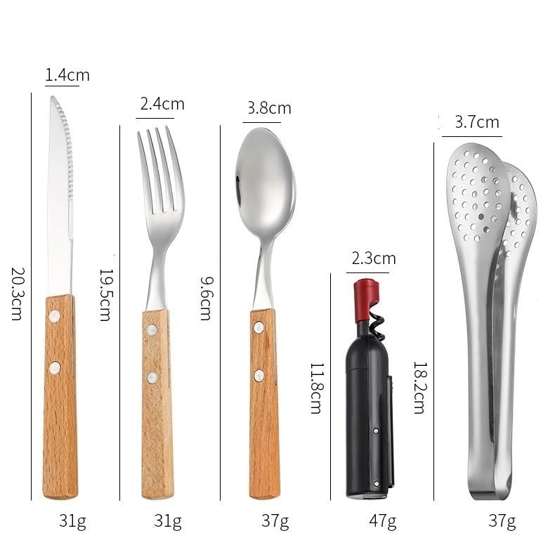 Besteck Set Edelstahl Camping Besteck für Zwei Holzgriff Messer Gabel Löffel Steak Clip Flaschenöffner 12 Stück Outdoor Geschirr