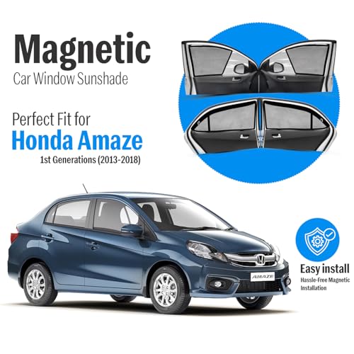 Image of Autofact Magnetic Car Sunshades Compatible with Honda Amaze Old (2011 to 2017) (Set of 4) - Easy Installation, UV Protection (Front 2 Half-Cut for Side Mirror Visibility, Rear 2 with Zippers)