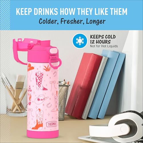 Image of THERMOS FUNTAINER 16 Ounce Stainless Steel Vacuum Insulated Bottle with Wide Spout Lid, Cowgirl Charm