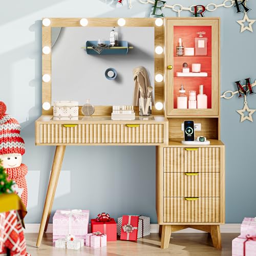 Image of Vanity Desk with Mirror and Lights, 45 inch Fluted Makeup Vanity Desk with Lights &5 Drawers, Glass Top Vanitys with Lighted Mirror and RGB Cabinet, Dressing Table with Power Outlet for Bedroom, Oak