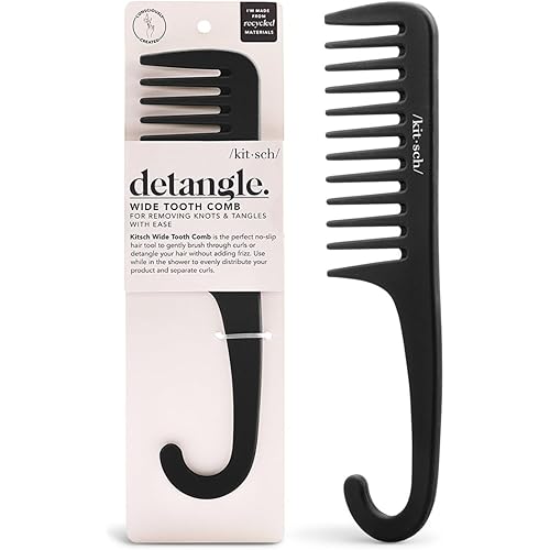 Kitsch Wide Tooth Detangler Comb - Curved Handle for Curly, Wet & Thick Hair, Black Shower Comb for Women