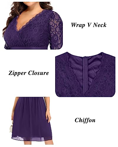 Image of Pinup Fashion Plus Size Lace Chiffon Wrap V Neck Dresses Women Cocktail Wedding Guest Midi Dress