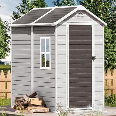 WACASA Storage Shed 4X6 FT,Resin Outdoor Storage Shed with Floor & Lockable Door, All Weather Plastic Lean to Shed with Window and Vent, Garden Tool Shed for Bike,Toy,Lawnmower (Grey)