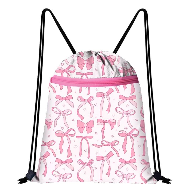 Embhlitfe Pink Bow Drawstring Bag, Waterproof Swim & PE Bag for Women Girls, Large Capacity Cute Sports String Backpack for School Swimming Travel Fitness Hiking Picnic (White&Pink)