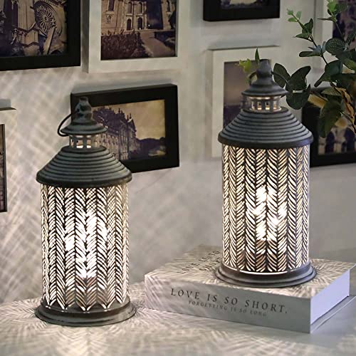 JHY DESIGN Set of 2 Metal Table Lamp Battery Powered 10.5" Tall Cordless Lamp Light with Edison Style Bulb Battery Operated Great for Living Room Bedroom Parties Indoors Outdoors (Bamboo Leaves)